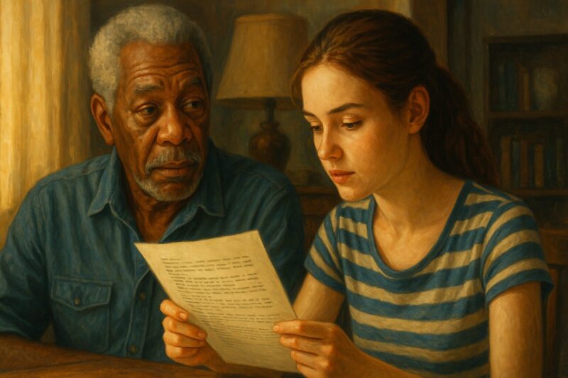 「最高の人生のはじめ方」柔らかな描写で蚊がかれている　机で原稿を読む若い女性と、それを見つめる年配の黒人男性 落ち着いた部屋の中、柔らかな光が差し込む雰囲気 品川イッコー