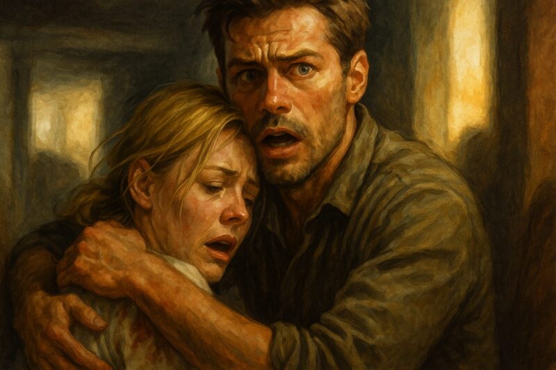 劇画タッチ・16:9・カラー 危機的状況で女性を抱きかかえる男性（オリジナルキャラ） 緊張感ある表情と光のコントラストで映画的な雰囲気