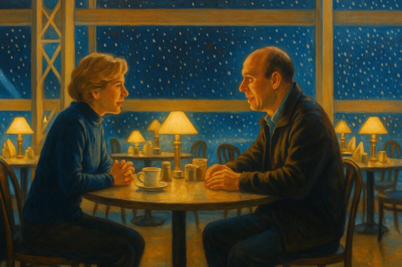 映画「天使がくれた時間」をイメージした、雪降る夜のカフェで向き合い語り合う男女のイラスト。温かなライトに照らされ、静かに人生を見つめ直す雰囲気が描かれている