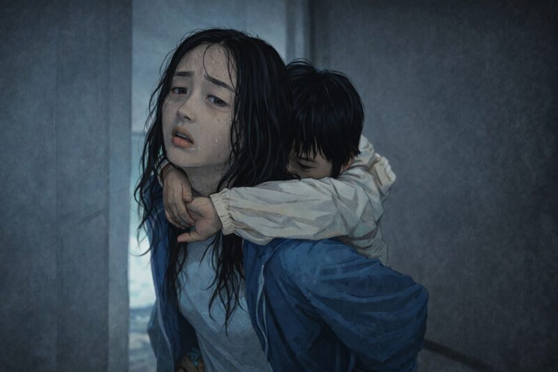 映画「大洪水」を想起させる避難シーンのオリジナルイラスト