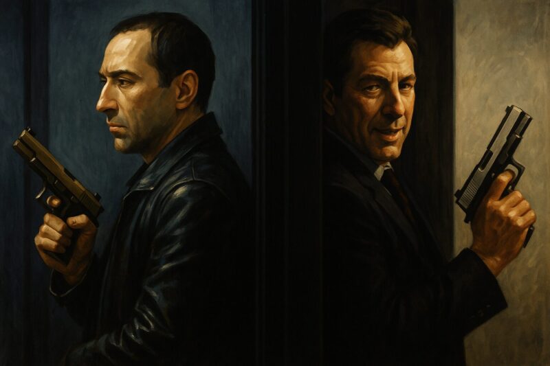 映画「フェイス・オフ」をイメージし、銃を構えた2人の男が背中合わせに立つ緊張感あふれる構図を描いたオリジナルイラスト。