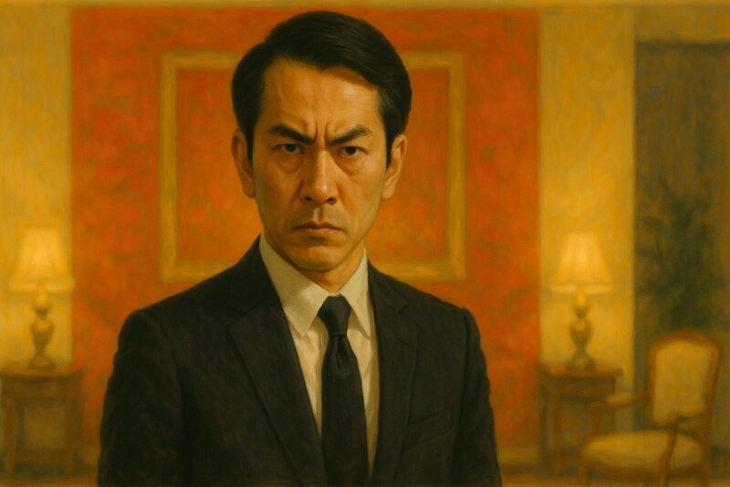 半沢直樹2の緊迫した場面を思わせる劇画タッチの男性ビジネスマン肖像。強い眼差しが「倍返し」を象徴する印象的なイメージ。