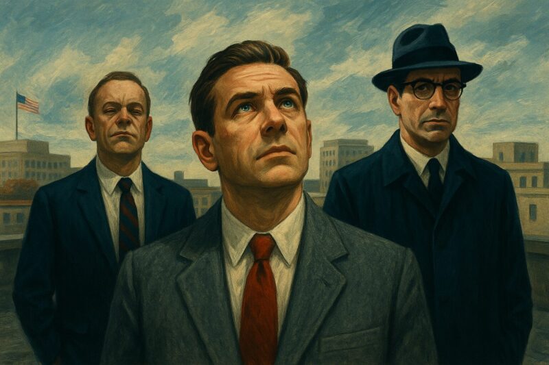 映画「アイリッシュマン」をイメージし、屋上で空を見上げるスーツ姿の3人の男を描いた劇画タッチのオリジナルイラスト。