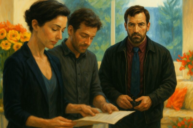 室内で書類を見る男女と、その背後から無表情に見つめる男性を描いた、心理的緊張感のあるオリジナルイラスト。映画「ザ・ギフト」を想起させる構図。