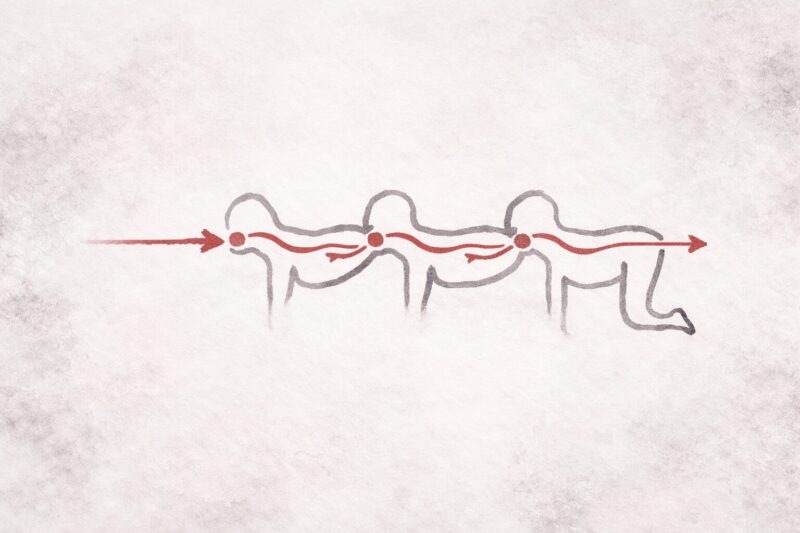 抽象的な線と矢印のみで「連結」という発想を図解したミニマルな構図。人体表現は使わず、赤い一本線が左から右へ流れ、段階的な関係性と支配構造を象徴的に示している。映画「ムカデ人間」の不穏なコンセプトを、水彩調の淡い背景と簡潔な記号表現で表現したビジュアル。