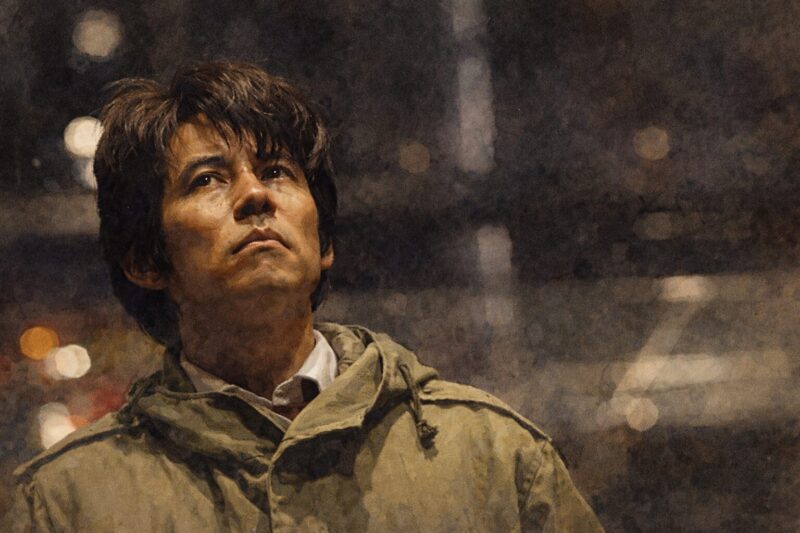 映画「踊る大捜査線 THE MOVIE3 ヤツらを解放せよ！」をモチーフに、水彩画タッチで描き起こした青島俊作のポートレート。夜の湾岸署を思わせる背景の中、厳しい表情で前方を見据える姿を絵画的に再構成したビジュアル。