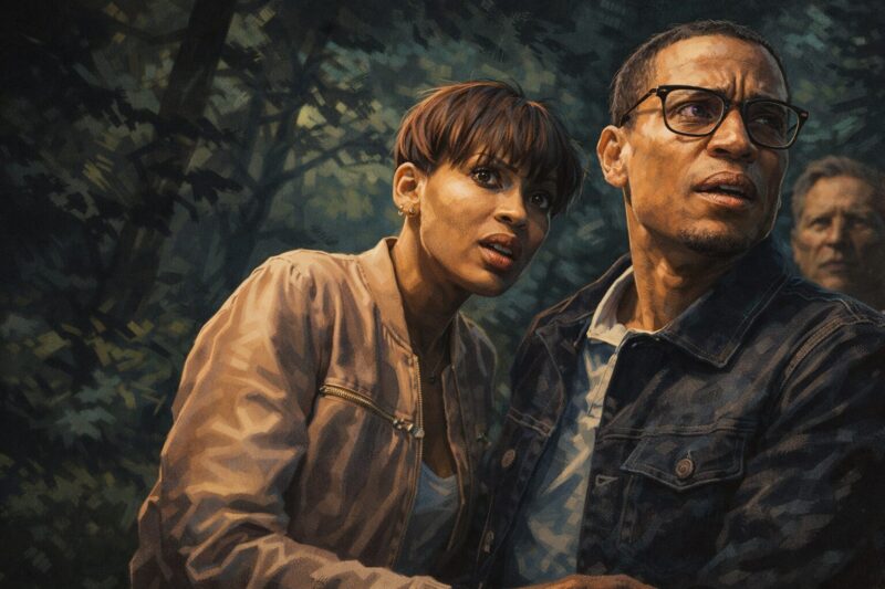 侵入する男（The Intruder）｜森の中で異変に気づき身を寄せ合う夫婦を描いた心理スリラーの劇画タッチビジュアル