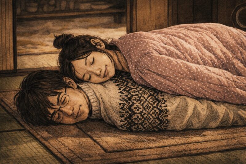 映画「ツレがうつになりまして」をモチーフに、寄り添う2人の日常と静かな時間の流れを劇画タッチで描いたカラーイラスト。