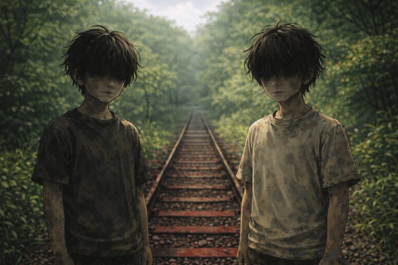 映画「怪物」をイメージし、静かな視線の交錯と違和感を象徴的に描いた劇画タッチのオリジナルイラスト。