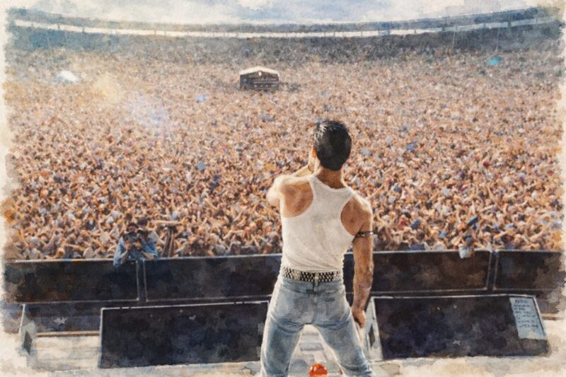 映画『ボヘミアン・ラプソディ』をモチーフに、水彩画タッチで描いた大観衆の前に立つ伝説的ライブシーンのイメージイラスト