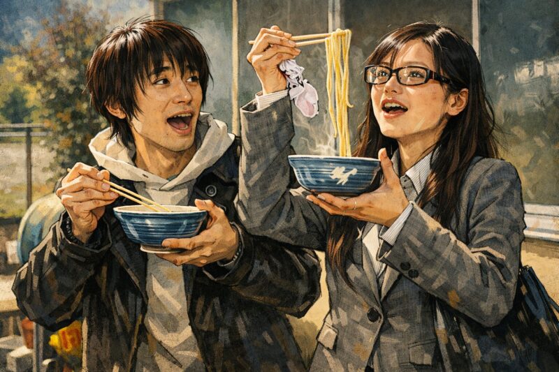 映画「UDON（うどん）」をイメージした、香川のうどん文化を象徴する男女が屋外でうどんを食べる劇画タッチのイラスト