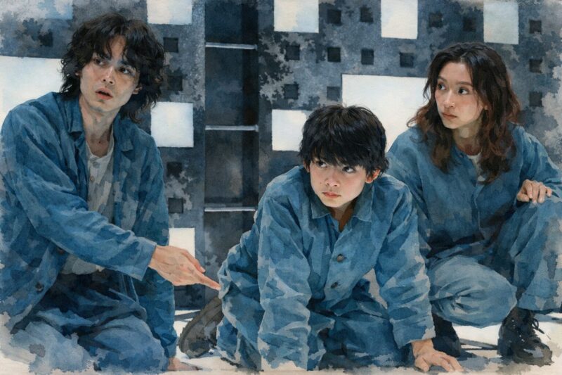 青く冷たい立方体の空間で、緊張した表情の3人が身を低くして身構える様子を、水彩画タッチで描いた映画「CUBE 一度入ったら、最後」の一場面イメージ