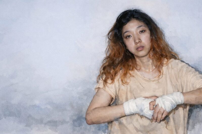 映画『百円の恋』のイメージシーンを水彩画タッチの劇画風イラストで描いたビジュアル