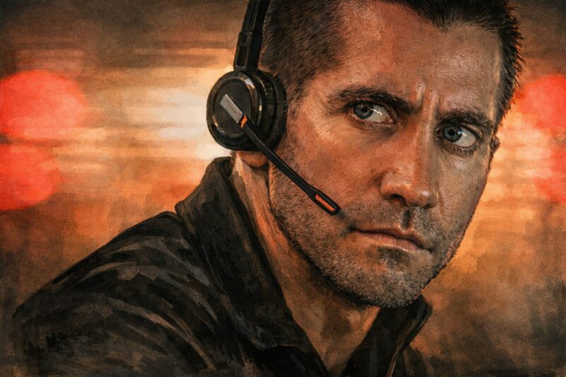 映画『THE GUILTY／ギルティ』緊急通報センターを舞台に、電話越しの事件に追い詰められる主人公の緊迫した表情