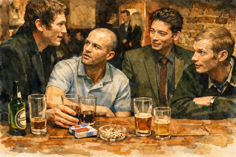 映画「ロック、ストック＆トゥー・スモーキング・バレルズ」で男たちが酒場のテーブルを囲み会話するシーン