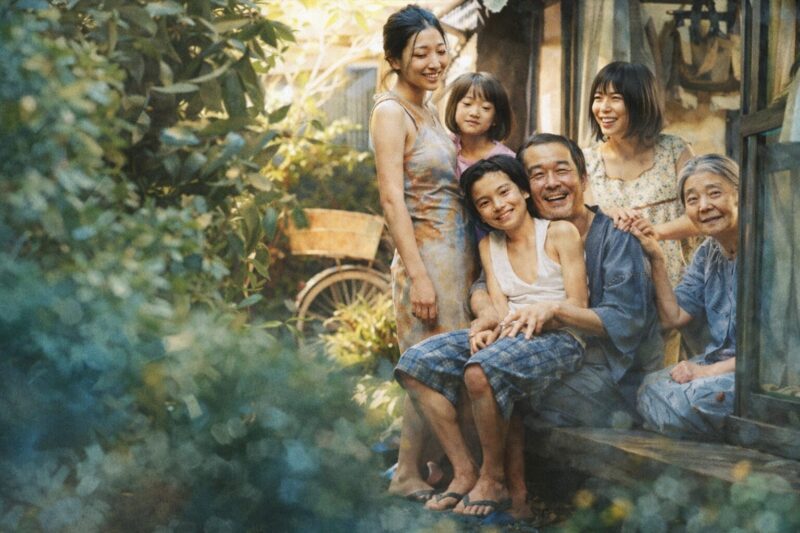 映画「万引き家族」をモチーフにした家族が縁側に集う劇画・水彩画タッチのイラスト