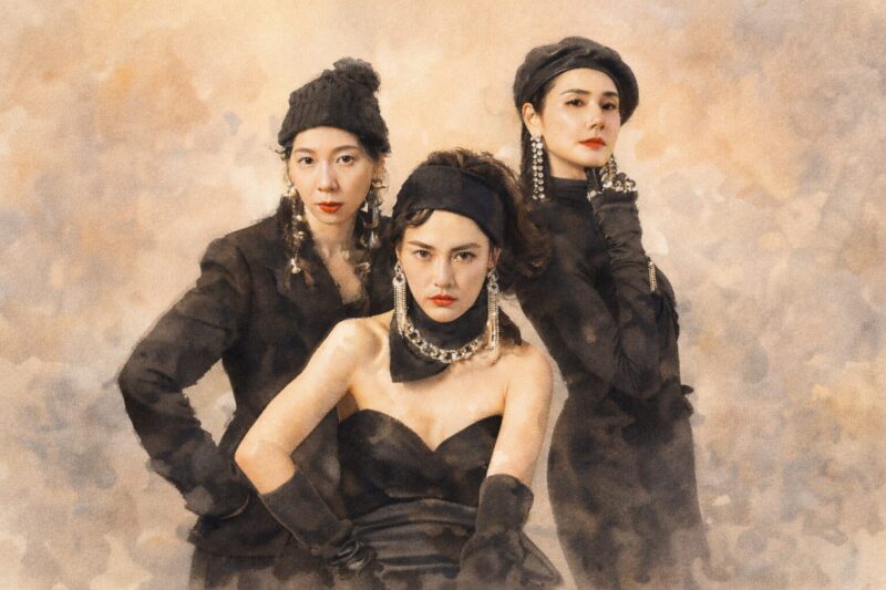 水彩画タッチで描かれた3人の女性が静かに佇むオリジナルイラスト。緊張感と不穏さを漂わせるサスペンスドラマ『侵入者たちの晩餐』の世界観を表現したビジュアル
