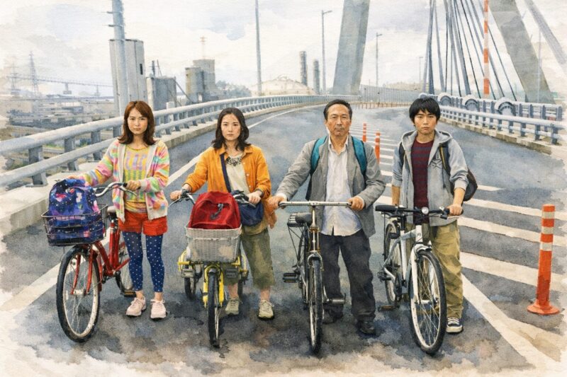 水彩画タッチで描かれた映画「サバイバルファミリー」の一場面。大きな橋の上を、家族4人がそれぞれ自転車を押しながら前に進む姿を正面から捉えた構図。電力を失った世界での移動と家族の結束を象徴するシーン。