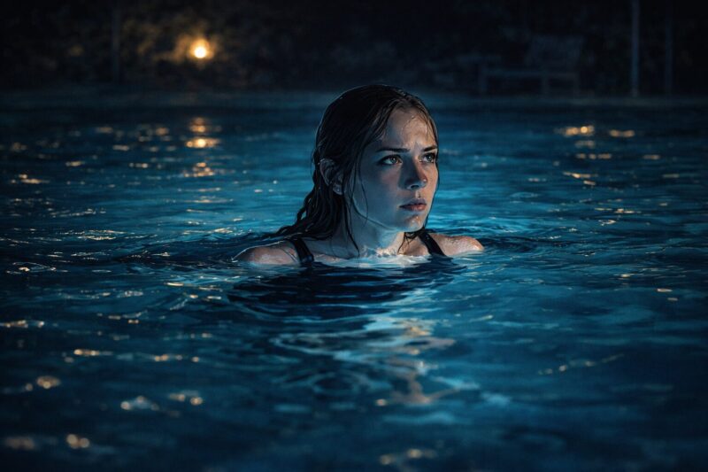 映画「ナイトスイム」をイメージし、夜の水面に浮かぶ女性の不安と緊張感を象徴的に描いたオリジナルイラスト。