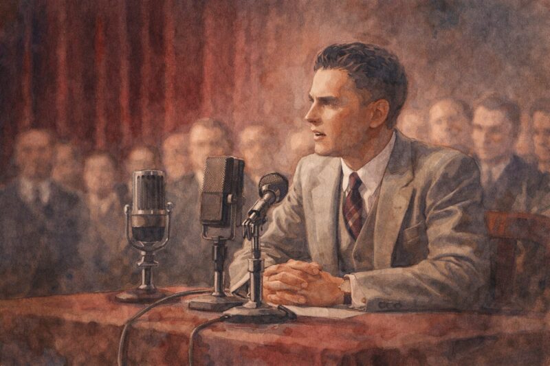 映画『J・エドガー』をモチーフに、水彩画タッチで描き起こした公聴会の場面。緊張感のある表情でマイクの前に座る男の姿を、実写ではなく絵画的に再構成したビジュアル