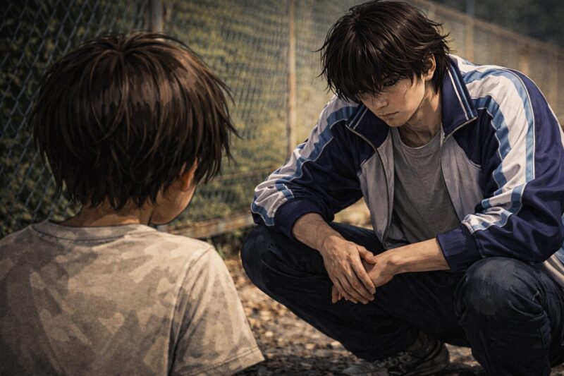 映画「でっちあげ」を象徴する疑念と対話の余白を描いた劇画タッチイラスト