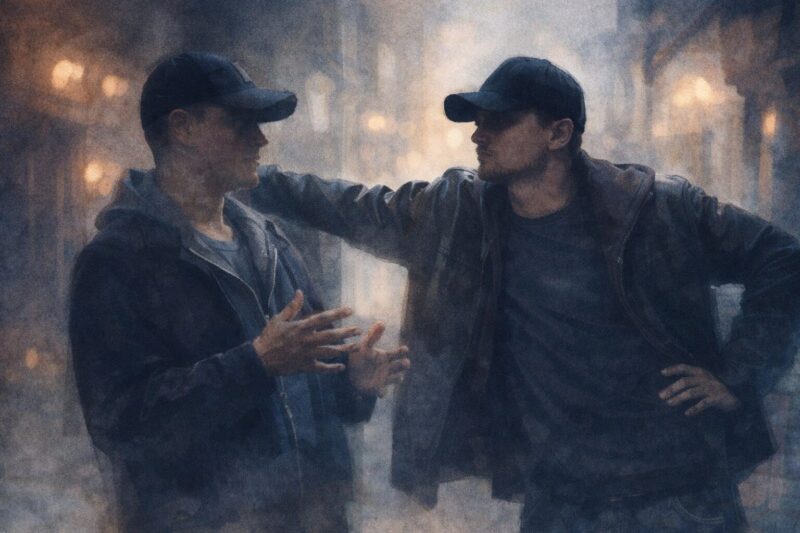 映画『ディパーテッド』の印象的な一場面を、水彩画タッチでオリジナル描き起こし。二人の男の緊張感ある対話を、実写ではなく絵画表現で再構成したビジュアル