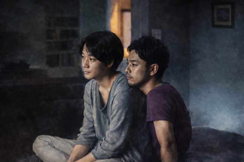 映画「怒り」をイメージした、水彩画タッチの劇画風イラスト。暗い部屋で並んで座る二人の男が、事件の重苦しさと人間の闇を象徴している。