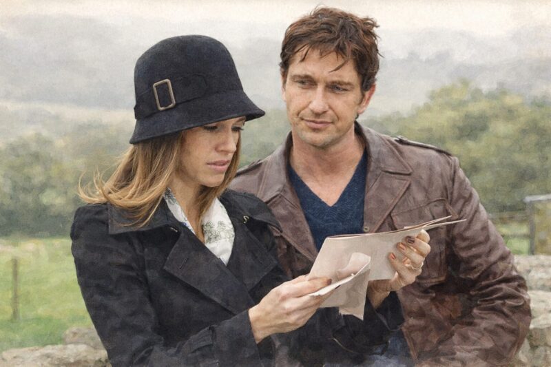 水彩画タッチで描かれた、屋外で手紙を読み合う男女の静かなひととき。映画「P.S. アイラヴユー」を想起させる、喪失と再生を象徴するワンシーン。