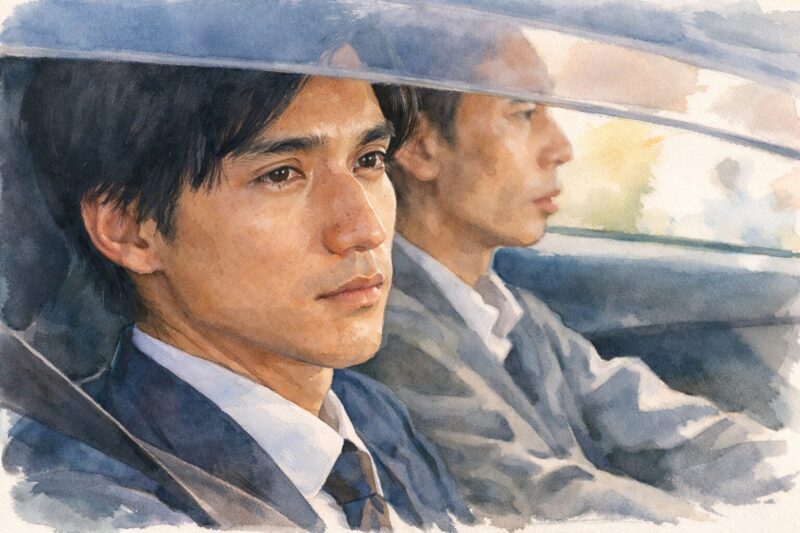 映画『羊の木』水彩画タッチの車内シーン、スーツ姿の男性が助手席で前方を見つめる緊張感ある構図