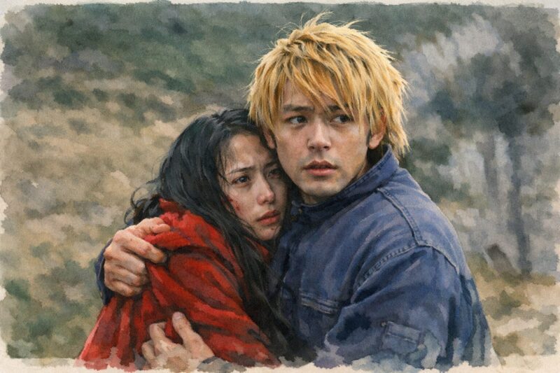 映画『悪人』をイメージした逃避行する祐一と光代が身を寄せ合う緊迫のシーン