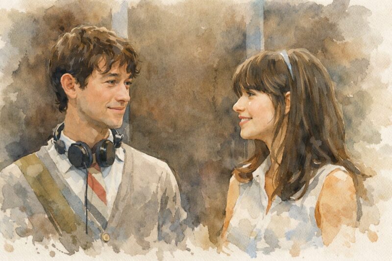 (500)日のサマーのエレベーターシーンを水彩画タッチで描いたオリジナルイラスト。向かい合う男女がやわらかな表情で見つめ合う構図。