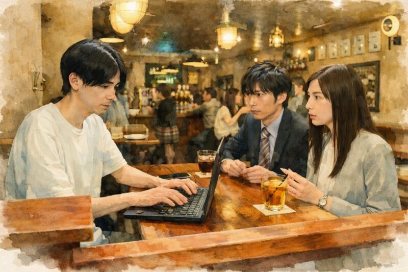 スマホを落としただけなのに（2018年）バーで浦野がノートパソコンを操作し、富田と麻美が不安げに見つめる水彩画風イラスト