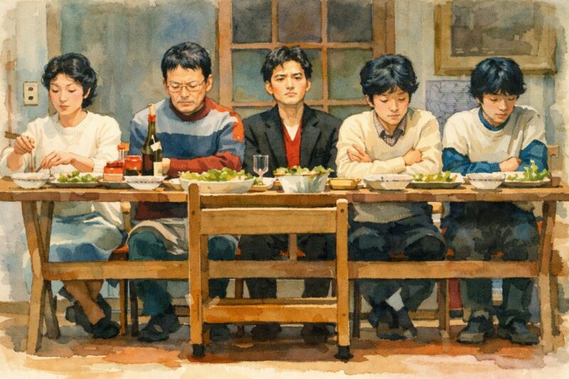 家族が横一列に並び、長いテーブルで無言のまま食事をする象徴的なシーンを描いた水彩画風イラスト（映画『家族ゲーム』イメージ）