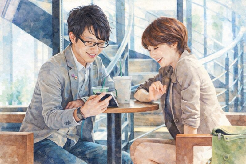 モテキ_映画_カフェでスマホを見ながら微笑む男女の水彩画風イラスト16x9