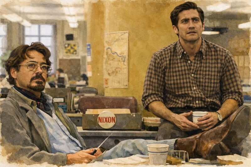 映画「ゾディアック」水彩画風イラスト｜新聞社で事件を追う二人の男が沈黙の中で向き合う場面