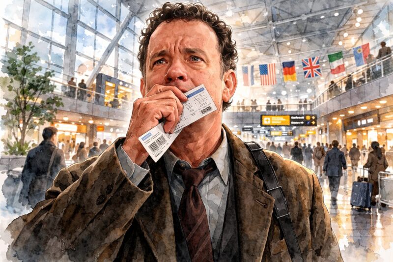 ターミナル 水彩画風 空港ロビーで搭乗券を握りしめ不安げに立つ中年男性のシーン