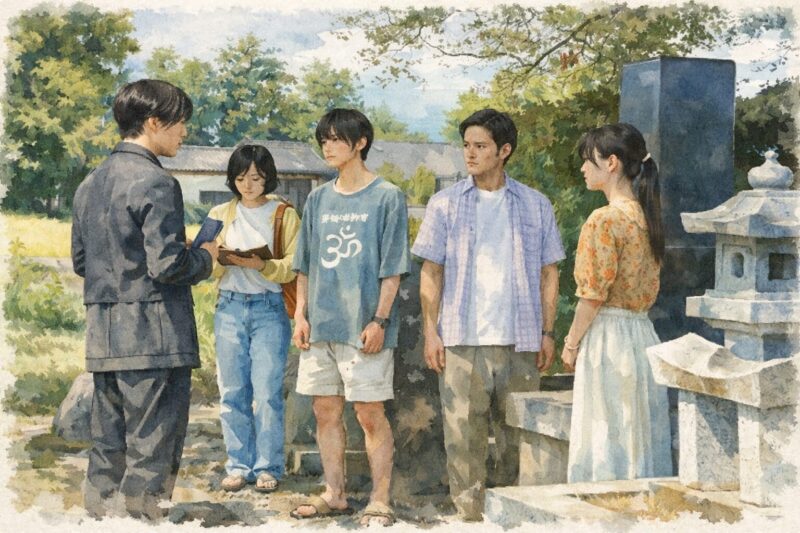 映画『火喰鳥を、喰う』をイメージした水彩画タッチで描かれた、墓地でスーツ姿の男性と若者4人が向き合う緊張感ある場面