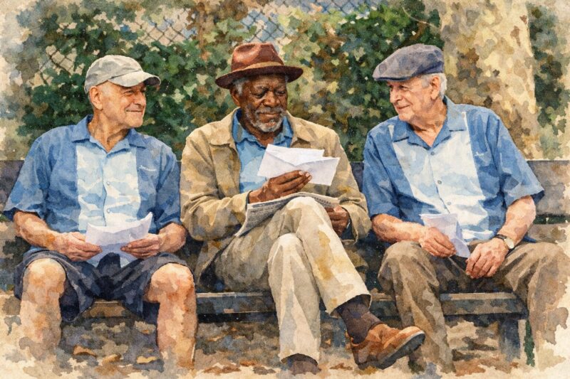 映画「ジーサンズ はじめての強盗」水彩画風イラスト｜公園のベンチで書類を読む老人3人のシーン