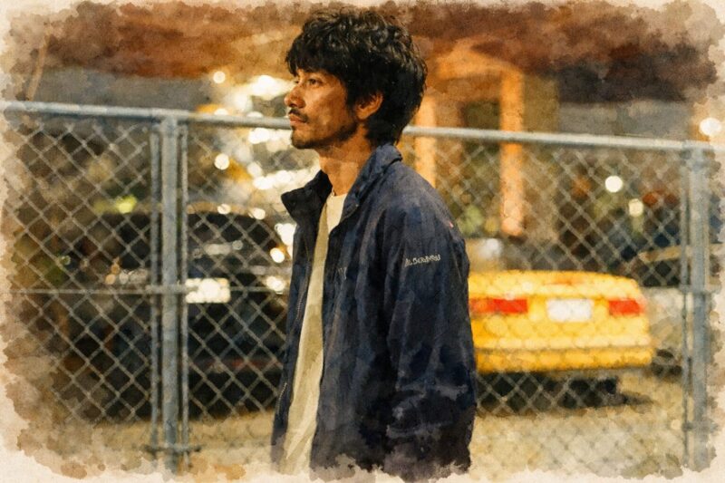 映画『ブルー』をモチーフにした夜の駐車場でフェンス越しに佇む若い男性の横顔を描いた水彩画風シーン。