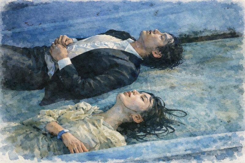 映画『湖の女たち』をイメージした湖畔の青い光に照らされ、地面に横たわる男女の姿を捉えた幻想的なワンシーン