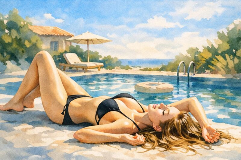 水彩画タッチで描かれた、プールサイドに水着姿で寝そべる女性。陽光を受けた肌の質感と水面の反射が色気と静けさを強調する映画的ビジュアル。