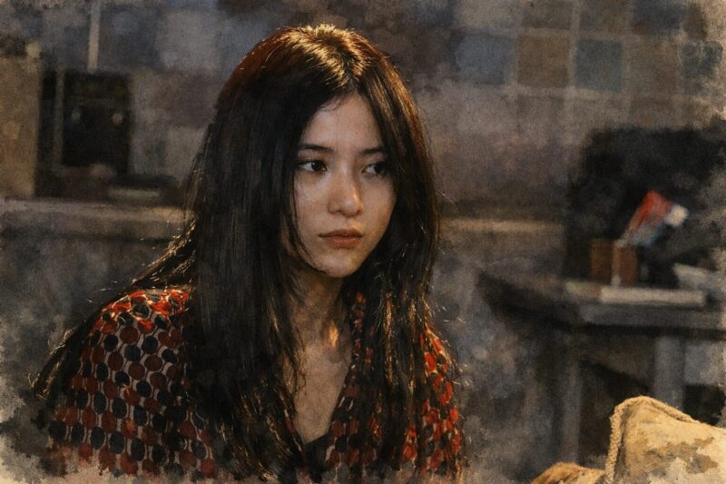 映画『ユリゴコロ』のワンシーン。薄暗い室内で、長い黒髪の女性が感情を抑えた表情で佇み、静かな狂気と緊張感が漂う瞬間