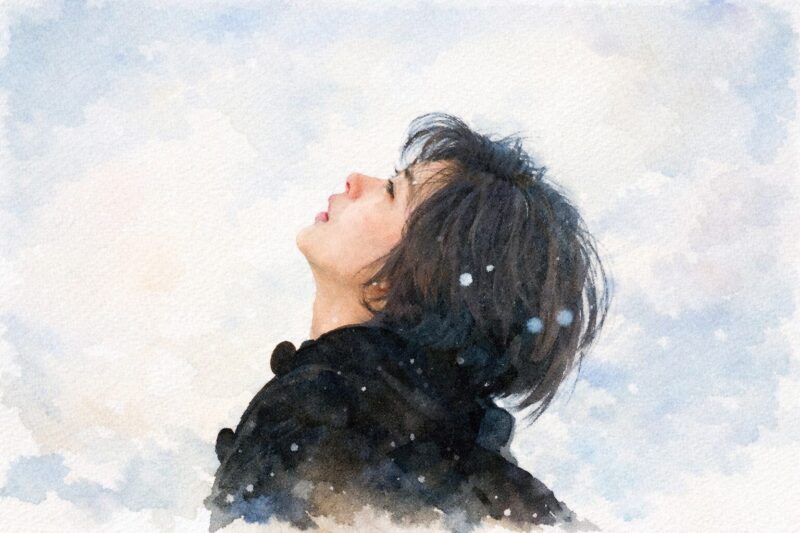 Love Letter(1995年の映画)のワンシーンを水彩画タッチで描き起こしたイラスト。雪の中、空を見上げる女性の横顔を柔らかな色彩で表現したビジュアル。