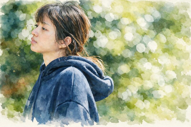 ミッシング（2024年）水彩画風イラスト｜娘の失踪に翻弄される母親の横顔を描いた作品イメージ