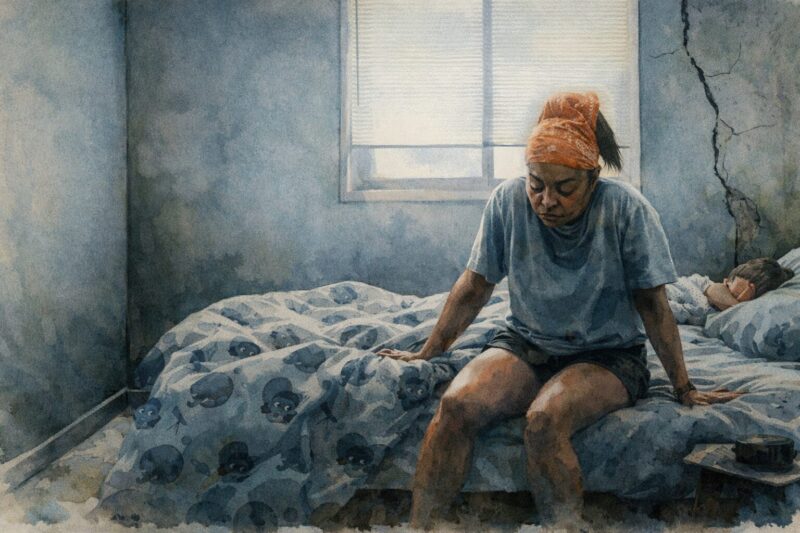 映画「ストロー」をモチーフに、薄暗い部屋でベッドに腰掛けるシングルマザーと眠る娘を、水彩画タッチで描いたイラスト。貧困と追い詰められた精神状態、静かな絶望感がにじむ一枚。