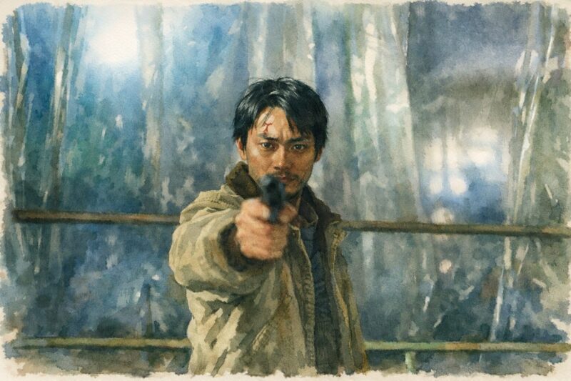 転売の闇に追い詰められ、銃を構えて正面を睨みつける男の姿を描いた映画「Cloud クラウド」の印象的な一場面（劇画・水彩画タッチ、緊張感のある暗色トーン）