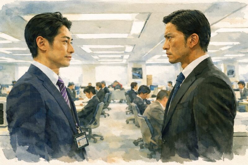 空飛ぶタイヤ（2018）水彩画風イラスト｜オフィスで対峙する二人の男の緊迫シーン