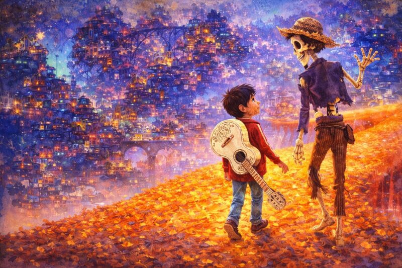 リメンバー・ミー（2017）の死者の国を歩く少年と骸骨の音楽家を描いた水彩画風イラスト