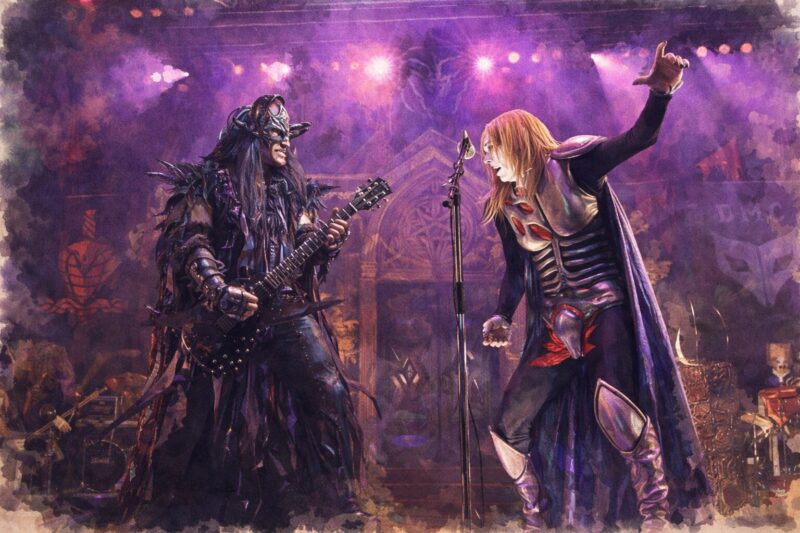 デトロイト・メタル・シティのクラウザーII世とジャック・イル・ダークが紫の照明に包まれたステージで対峙するライブシーン(水彩画タッチ・16:9)