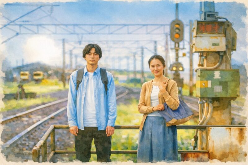 水彩画タッチで描かれた、地方の無人駅ホームに立つ若い男女の静かなツーショットイラスト